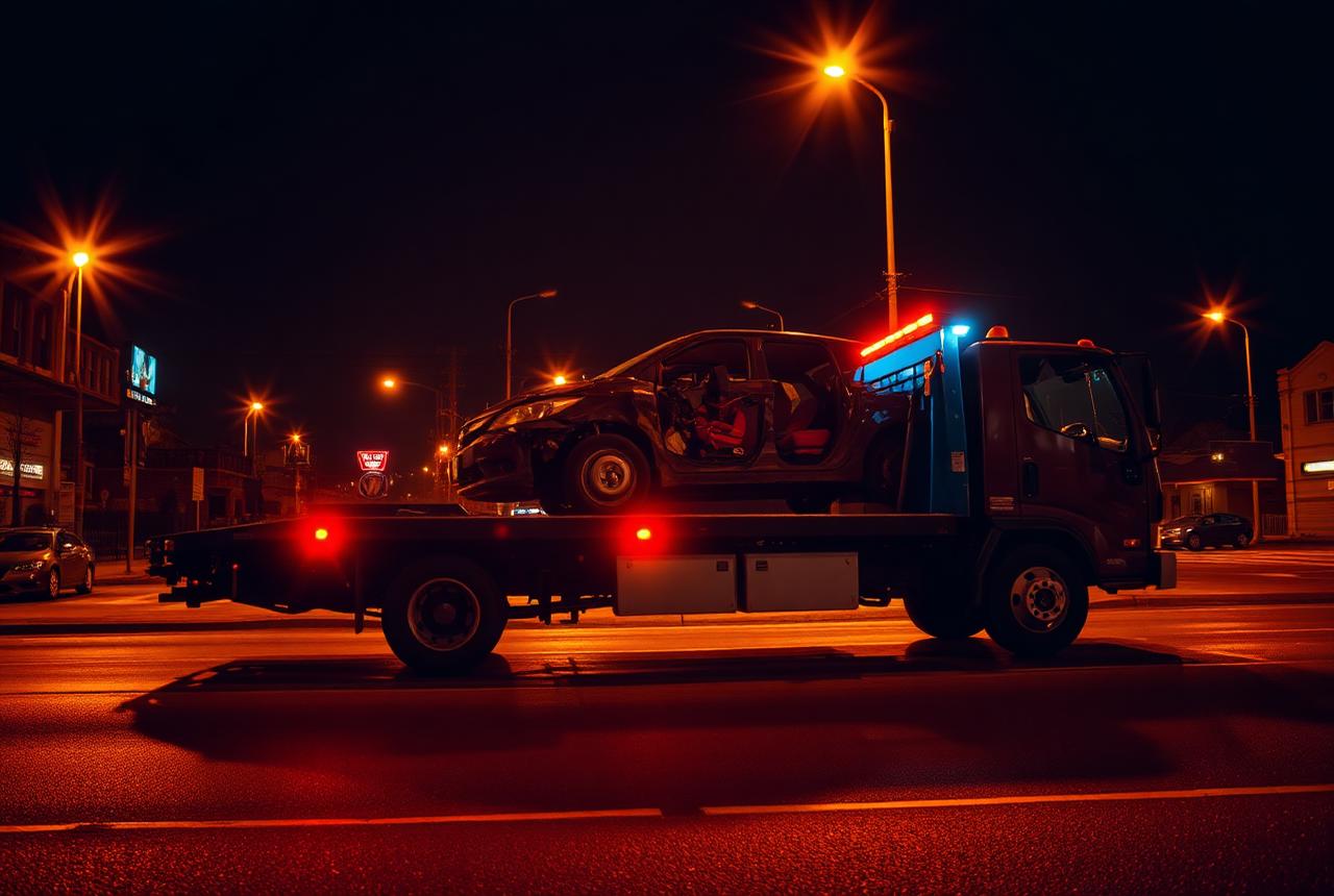 Flatbed tow truck loading a junk car at night in Battle Creek, Michigan